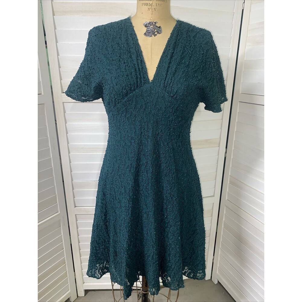 90s Careena Green Dress Women’s Thick Lace Sleeveless Nylon Fit & Flare Sz 10